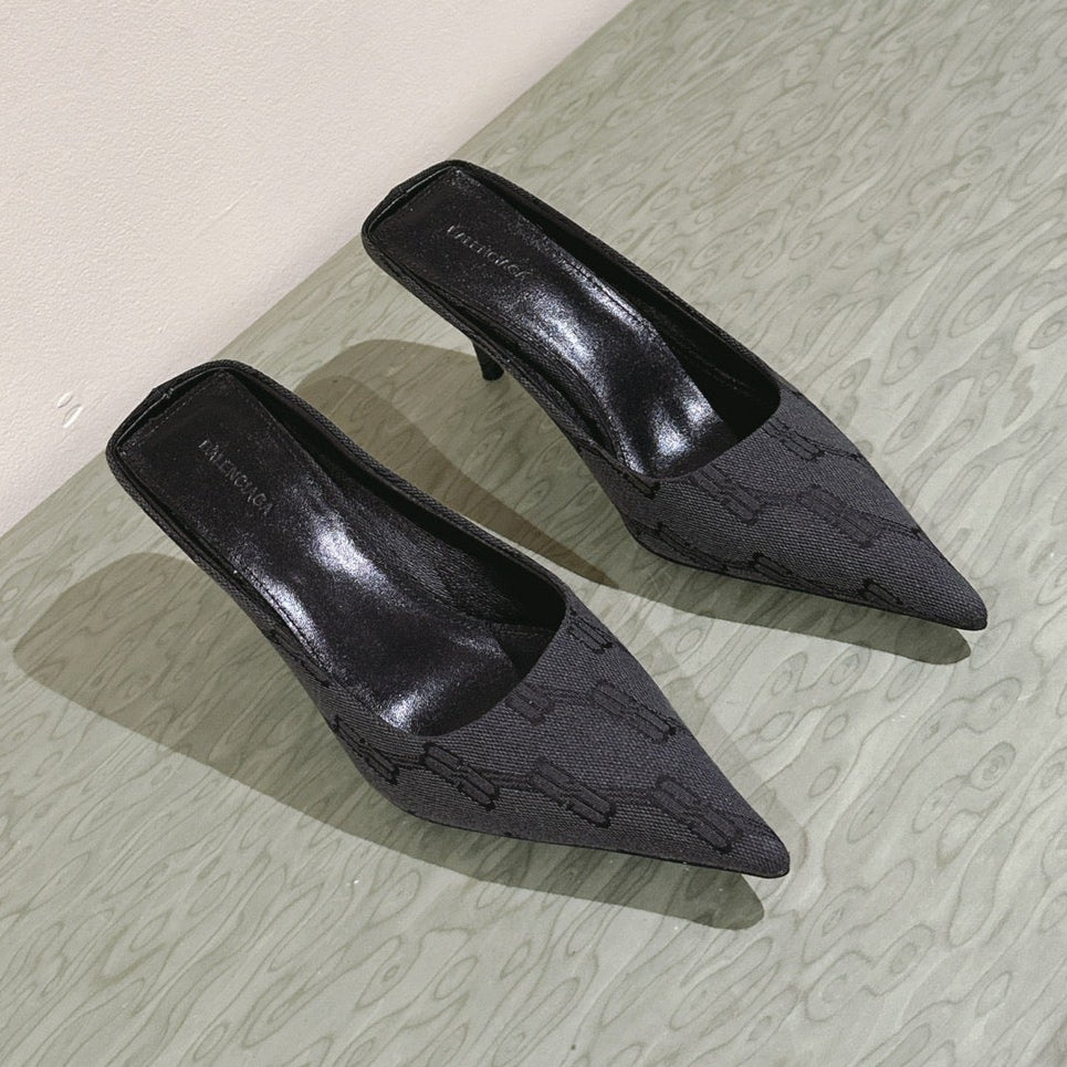 POINTED HIGH MULES IN BLACK MONOGRAM JACQUARD FABRIC