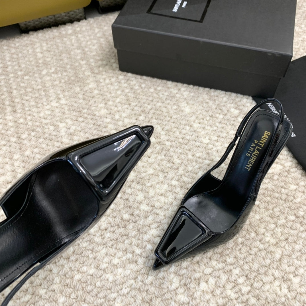 SL TRIANGLE HEELED SLINGBACKS BLACK CALFSKIN