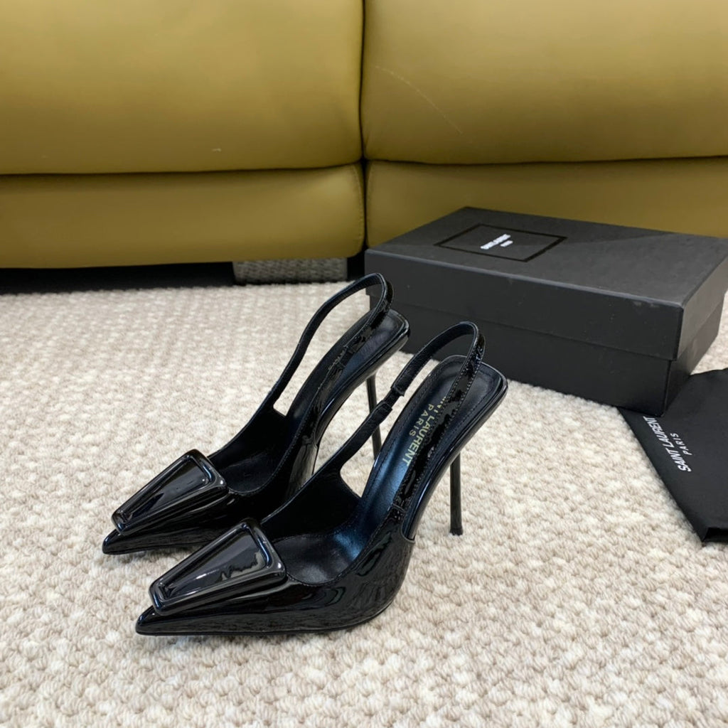 SL TRIANGLE HEELED SLINGBACKS BLACK CALFSKIN