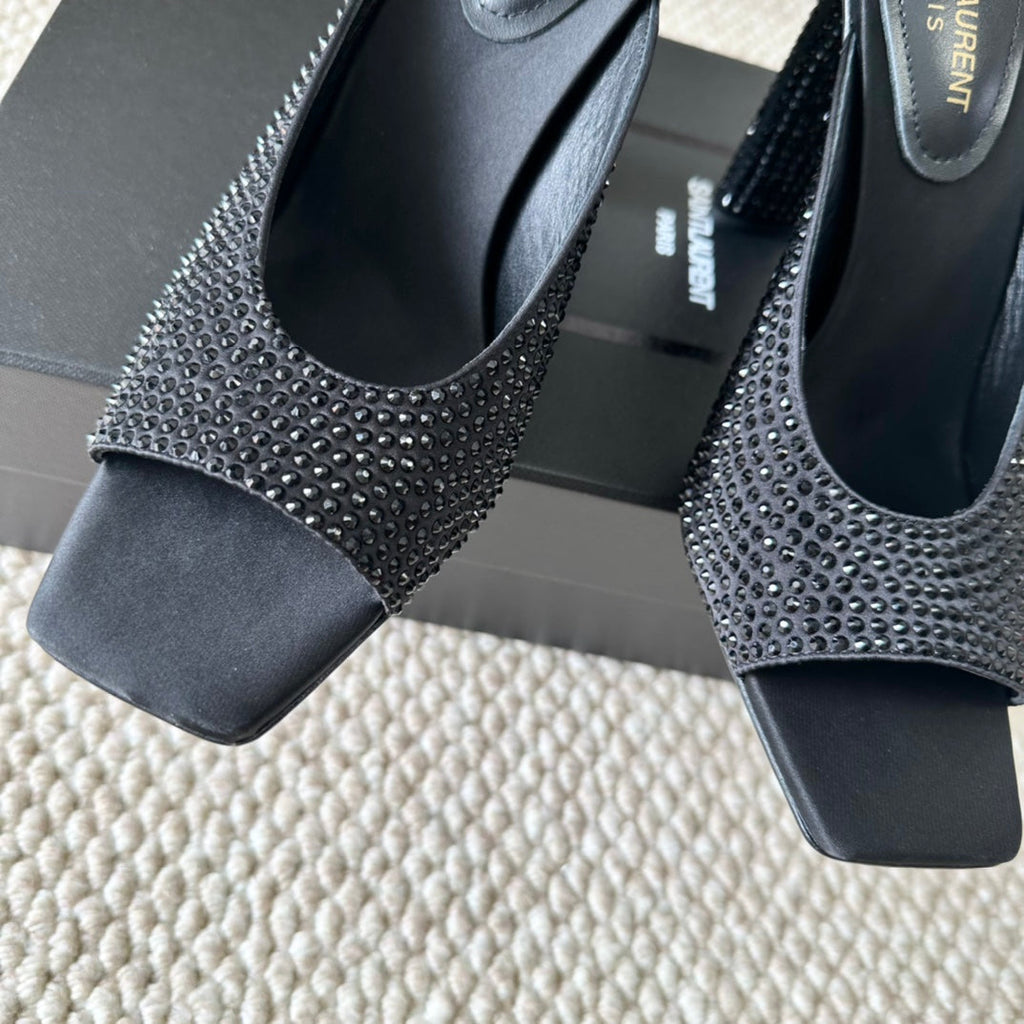 SL SEPT MULES BLACK SATIN AND RHINESTONES