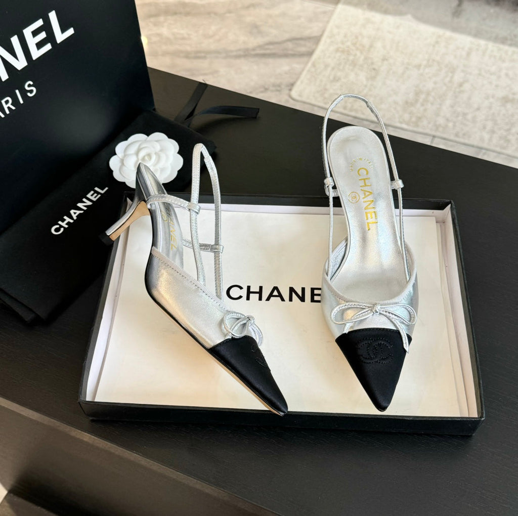 SLINGBACK WITH BOW IN SILVER MIX BLACK LAMBSKIN