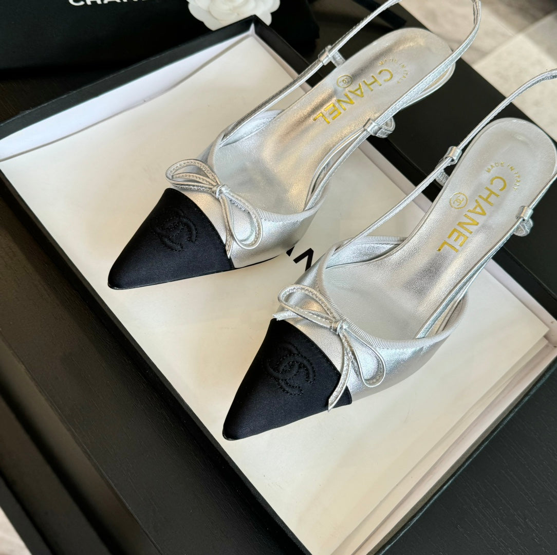 SLINGBACK WITH BOW IN SILVER MIX BLACK LAMBSKIN
