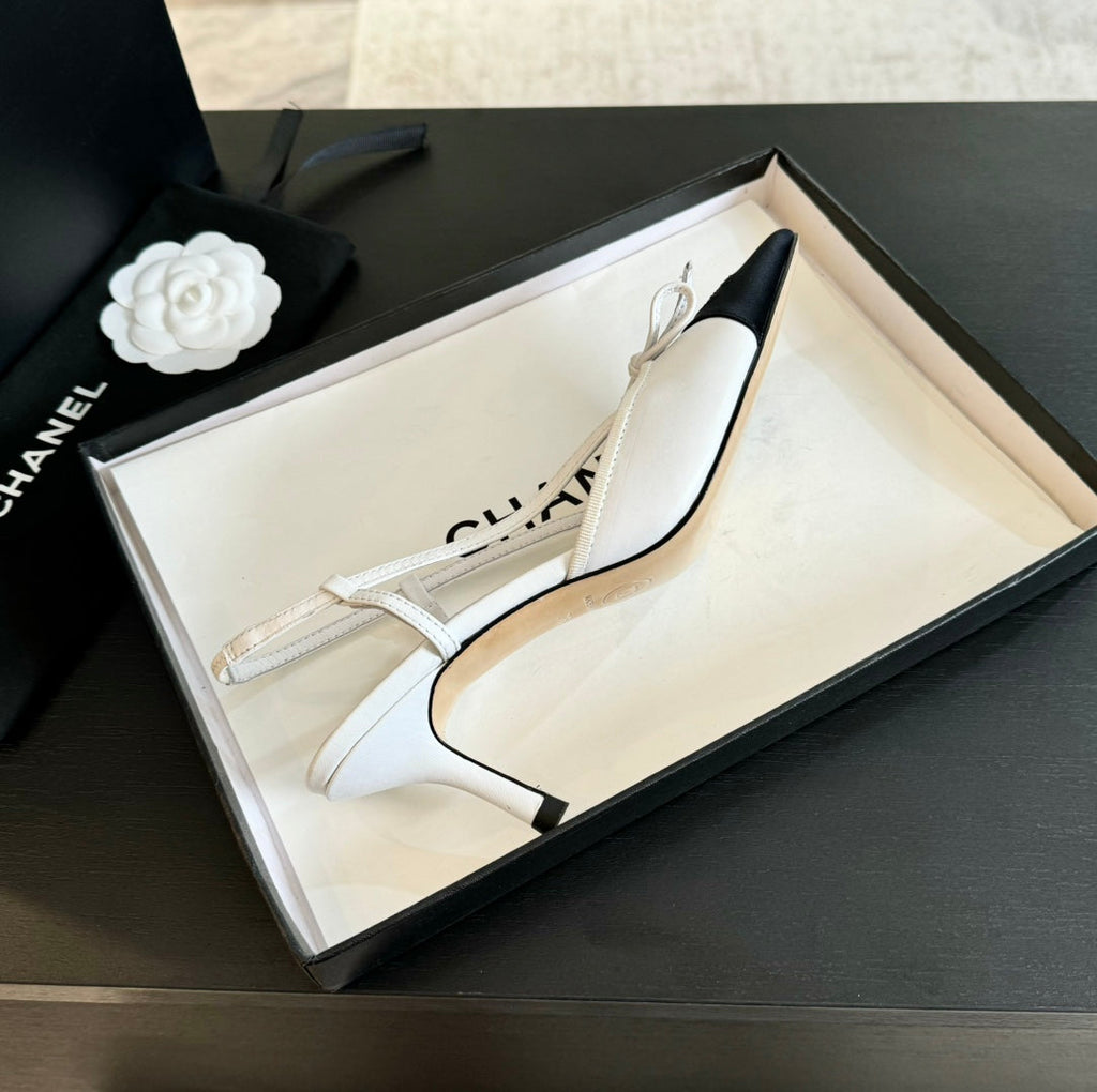 SLINGBACK WITH BOW IN WHITE MIX BLACK LAMBSKIN