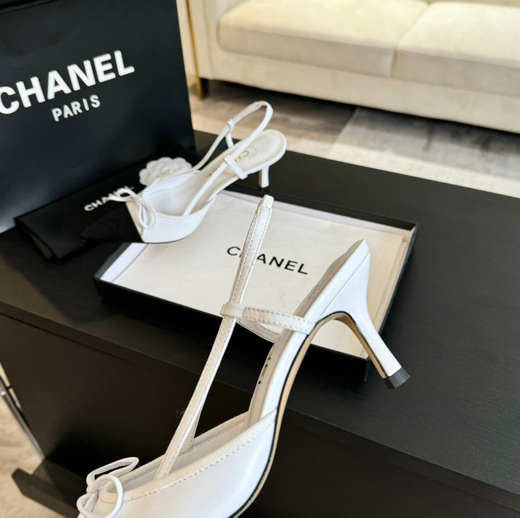 SLINGBACK WITH BOW IN WHITE MIX BLACK LAMBSKIN