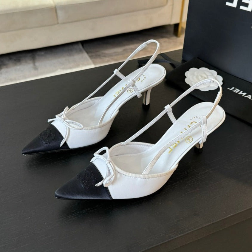 SLINGBACK WITH BOW IN WHITE MIX BLACK LAMBSKIN