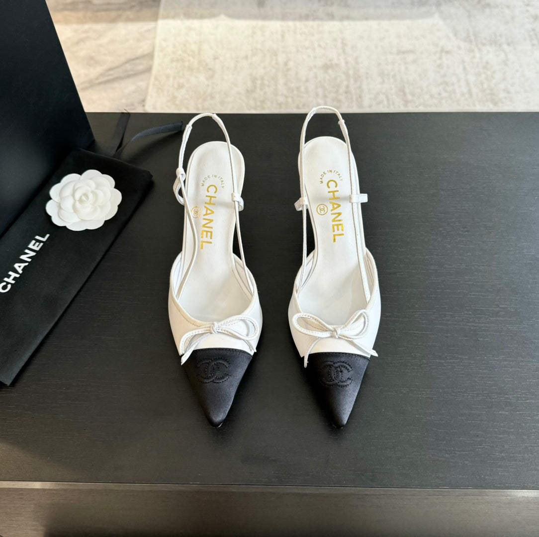 SLINGBACK WITH BOW IN WHITE MIX BLACK LAMBSKIN