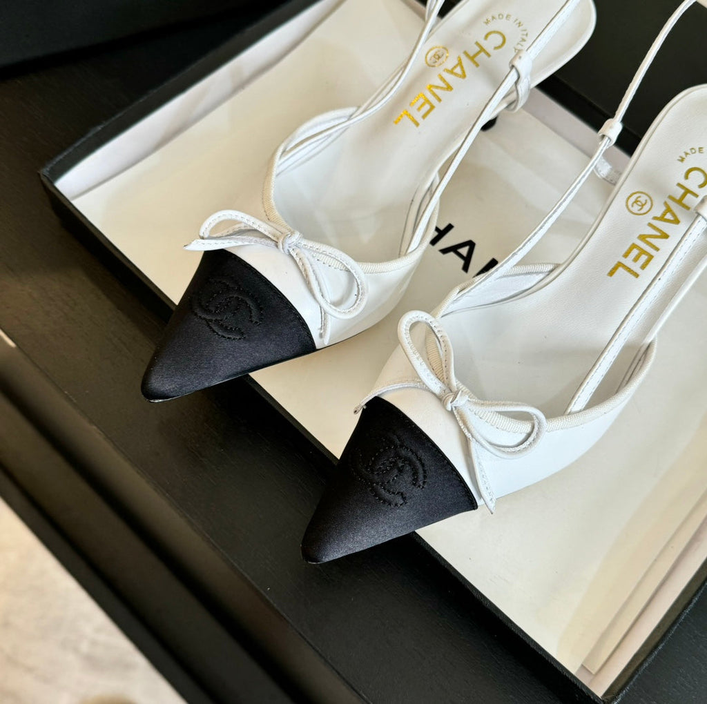 SLINGBACK WITH BOW IN WHITE MIX BLACK LAMBSKIN
