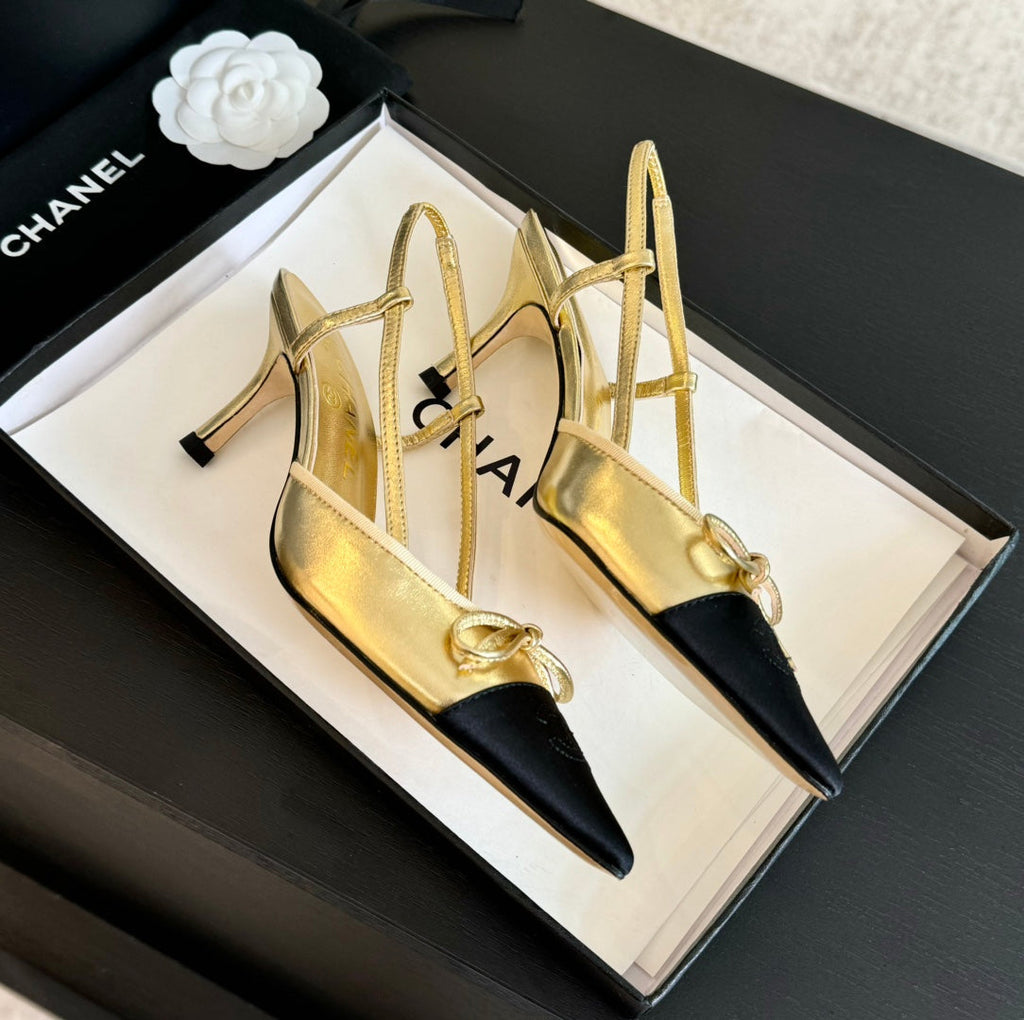 SLINGBACK WITH BOW IN GOLDEN MIX BLACK LAMBSKIN
