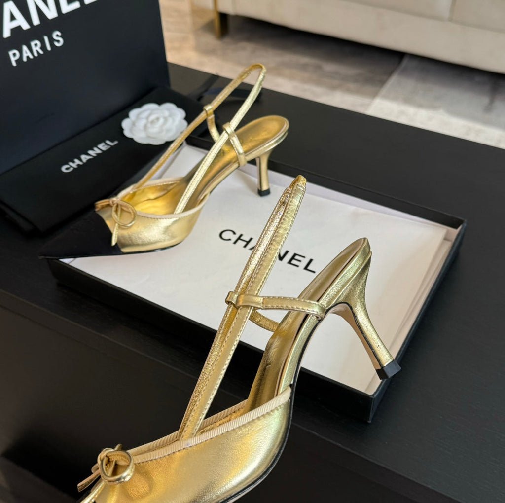 SLINGBACK WITH BOW IN GOLDEN MIX BLACK LAMBSKIN