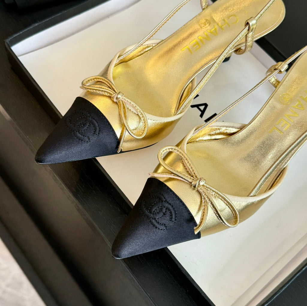 SLINGBACK WITH BOW IN GOLDEN MIX BLACK LAMBSKIN