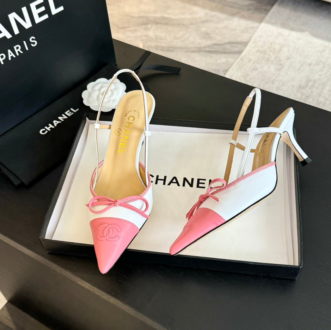 SLINGBACK WITH BOW IN LIGHT PINK MIX WHITE LAMBSKIN