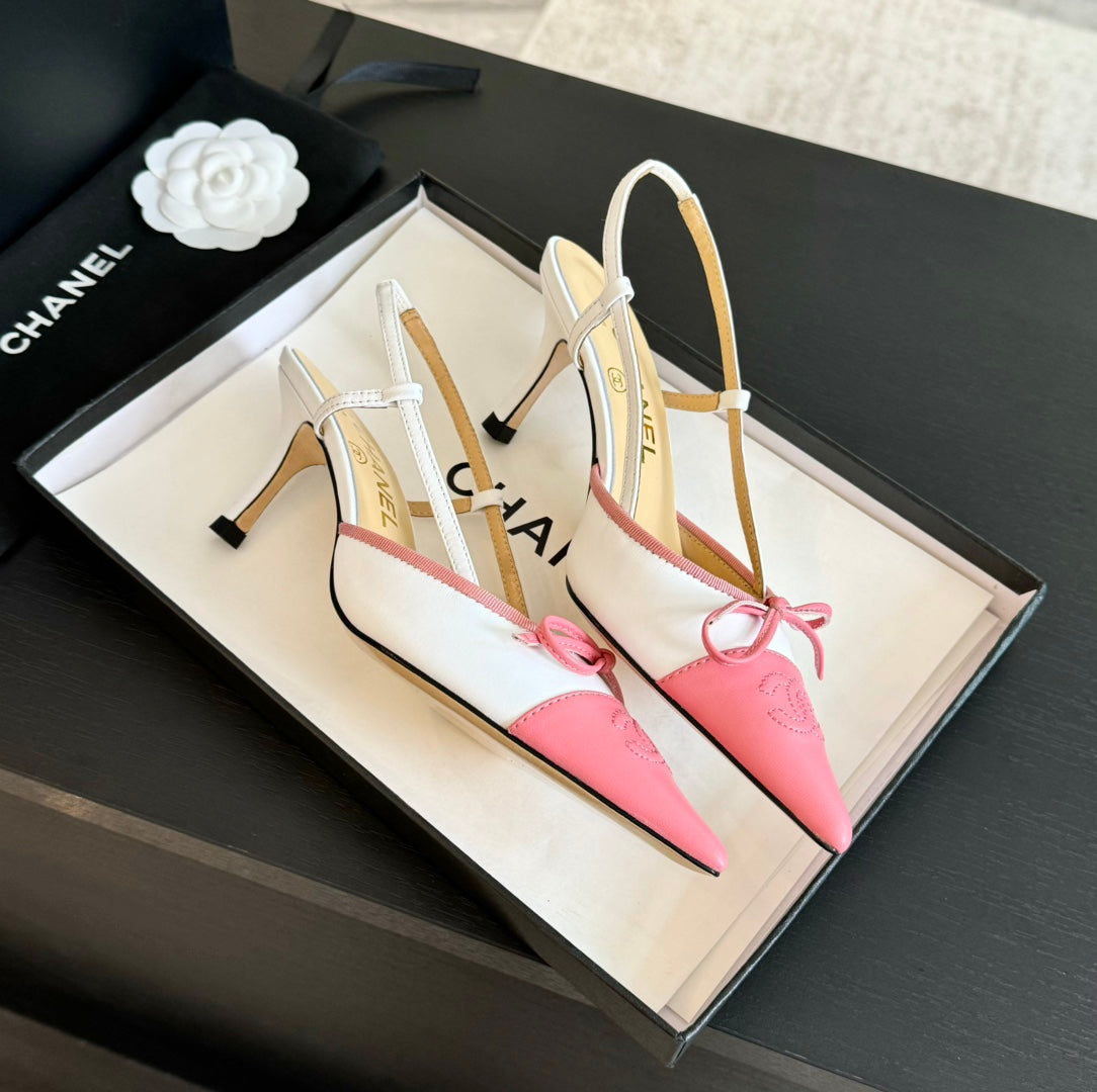 SLINGBACK WITH BOW IN LIGHT PINK MIX WHITE LAMBSKIN