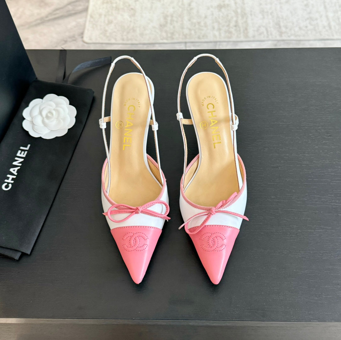 SLINGBACK WITH BOW IN LIGHT PINK MIX WHITE LAMBSKIN