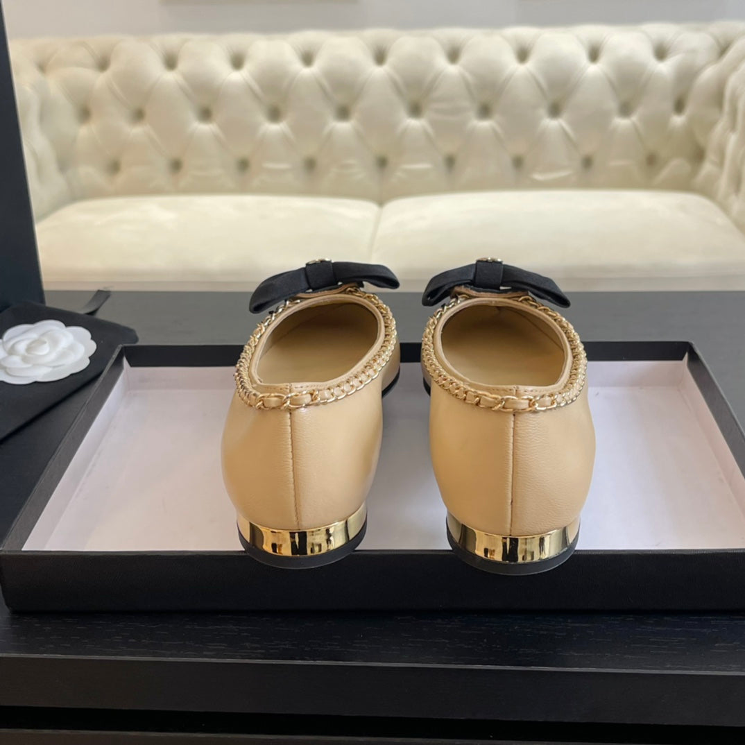 BALLET FLAT BEIGE CREAM CALFSKIN AND FABRIC