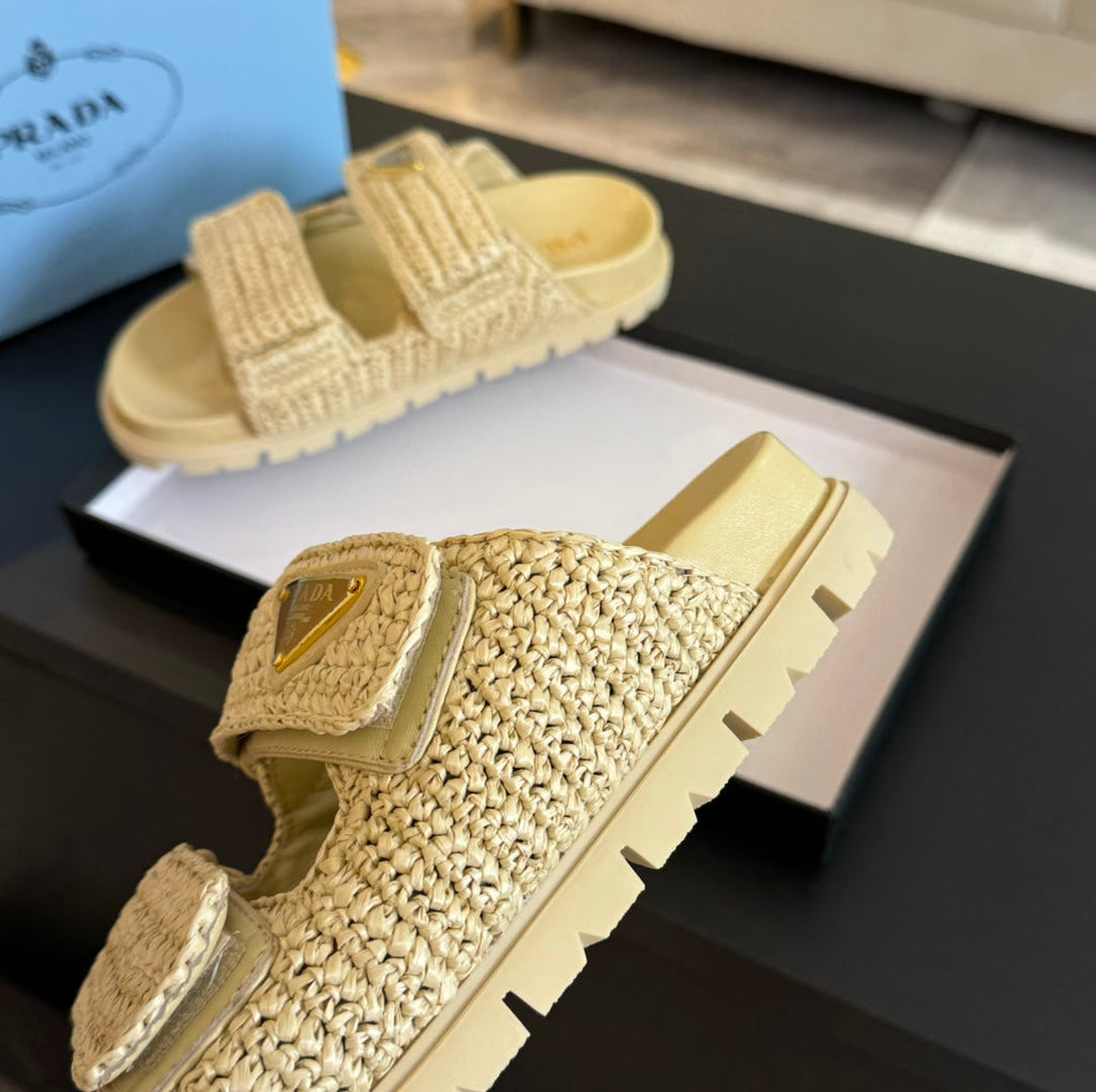 PRA RAFFIA CORK SLIDE PASTEL YELLOW CALFSKIN