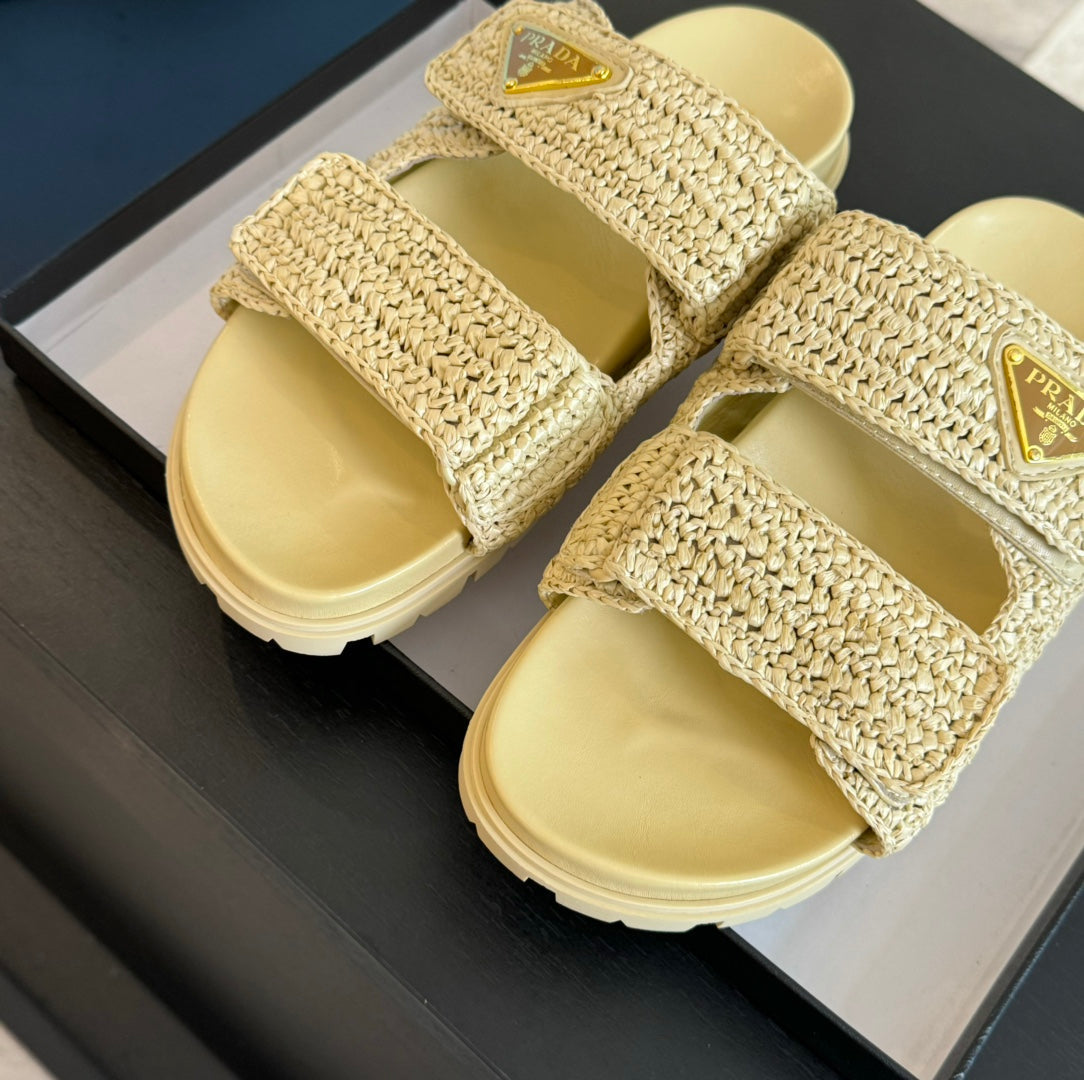 PRA RAFFIA CORK SLIDE PASTEL YELLOW CALFSKIN