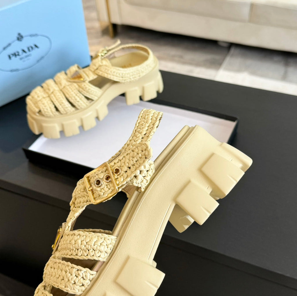 PRA MONOLITH CROCHET CAGE SANDALS PASTEL YELLOW LAMBSKIN