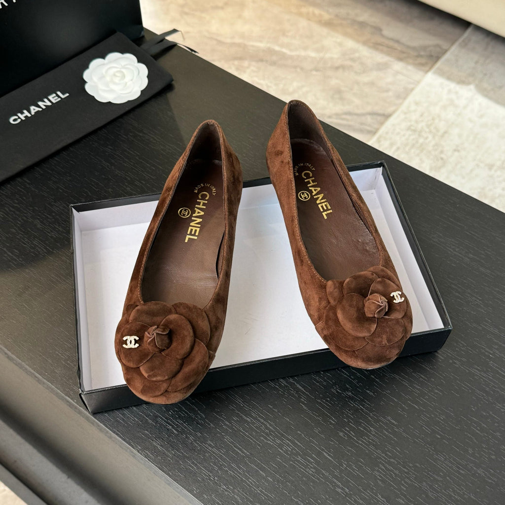 BALLET FLATS IN CHOCOLATE BROWN SUEDE WITH CAMELLIA