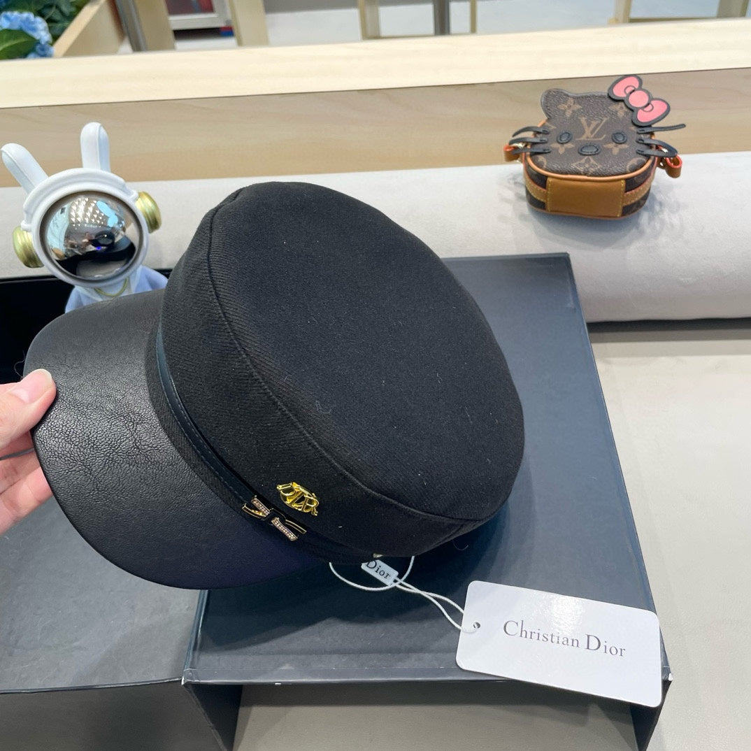 BAKER BOY HAT IN BLACK COTTON AND LEATHER 428246