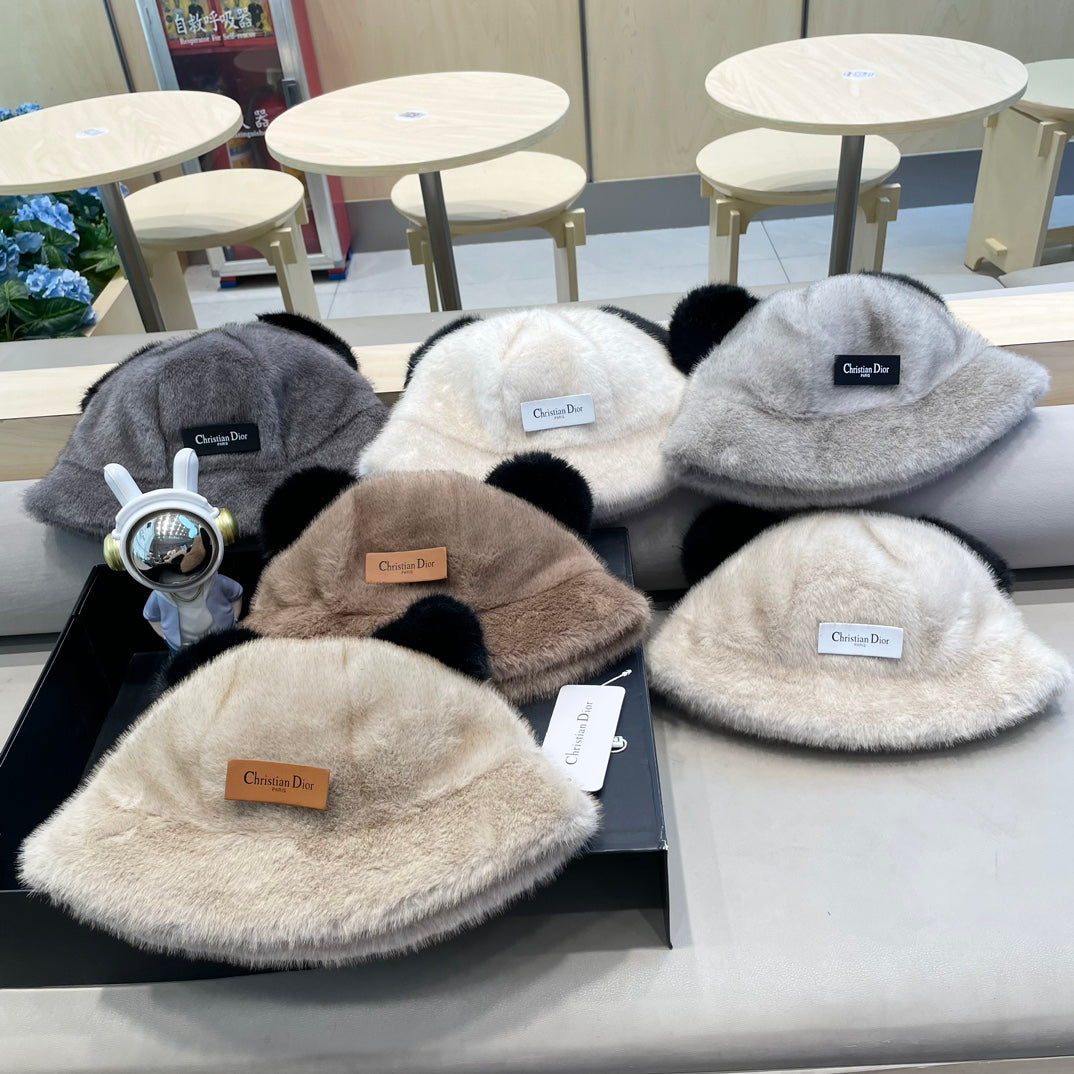 BUCKET HAT WITH CUTE BEAR EARS IN WHITE RABBIT FUR 434970