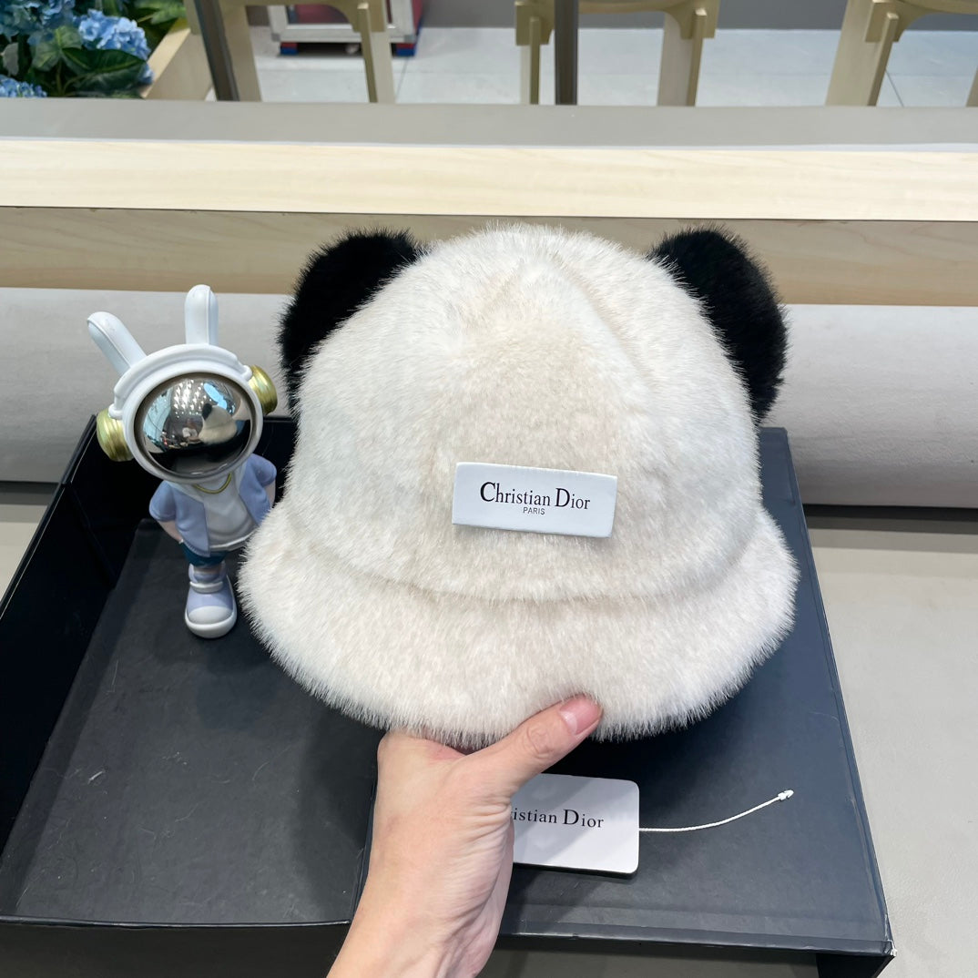 BUCKET HAT WITH CUTE BEAR EARS IN WHITE RABBIT FUR 434970