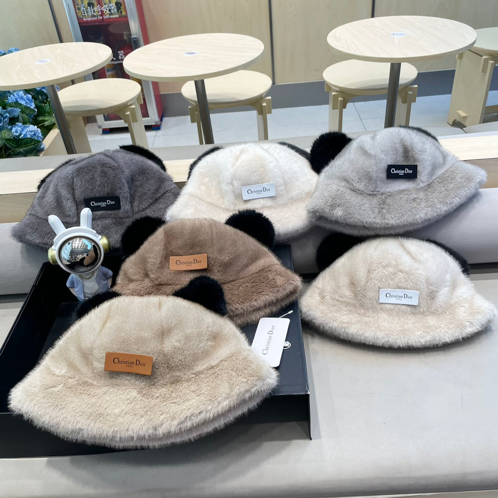 BUCKET HAT WITH CUTE BEAR EARS IN BEIGE RABBIT FUR 434968