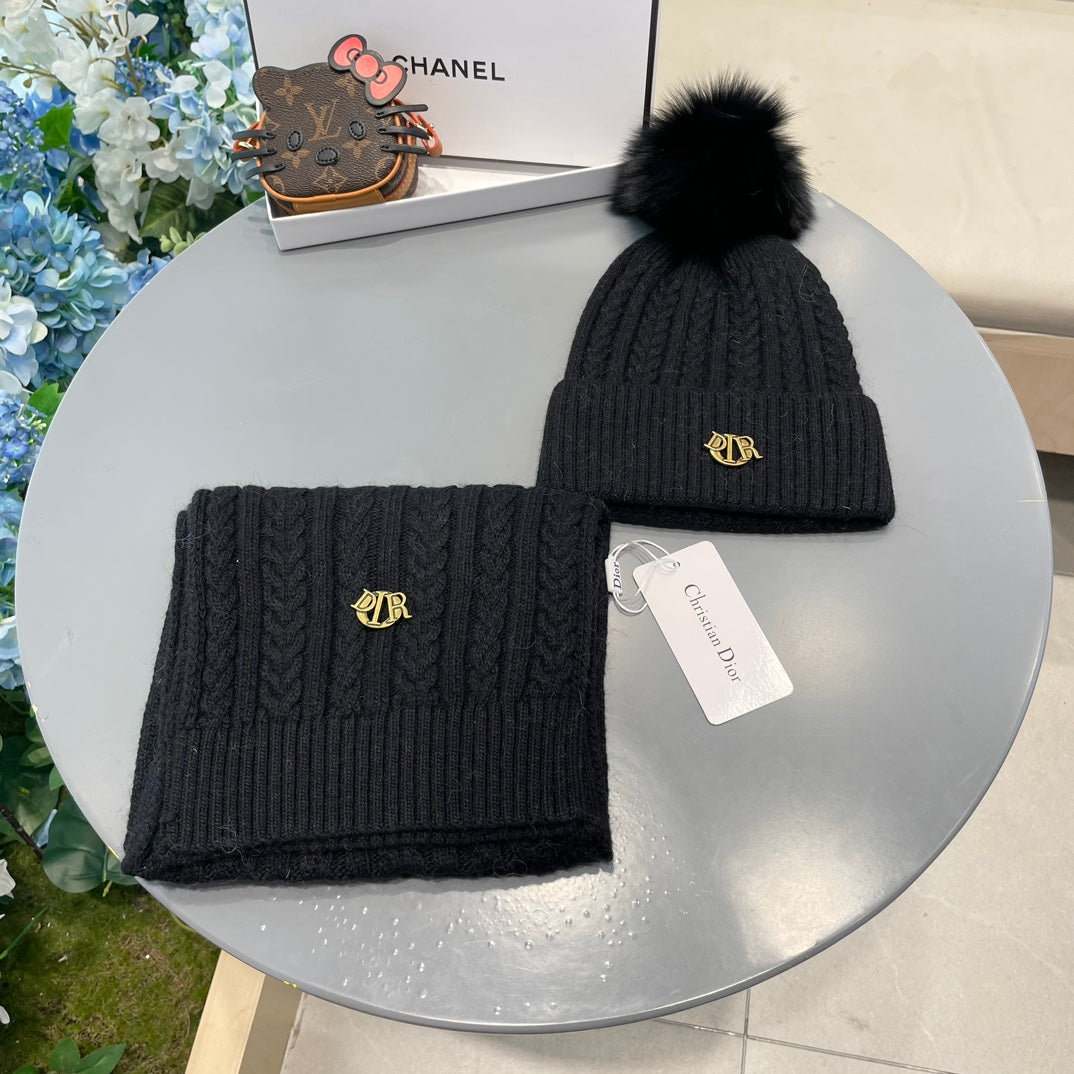 SET CLASSIC SCARF AND HAT IN BLACK CASHMERE AND RABBIT WOOL 433232