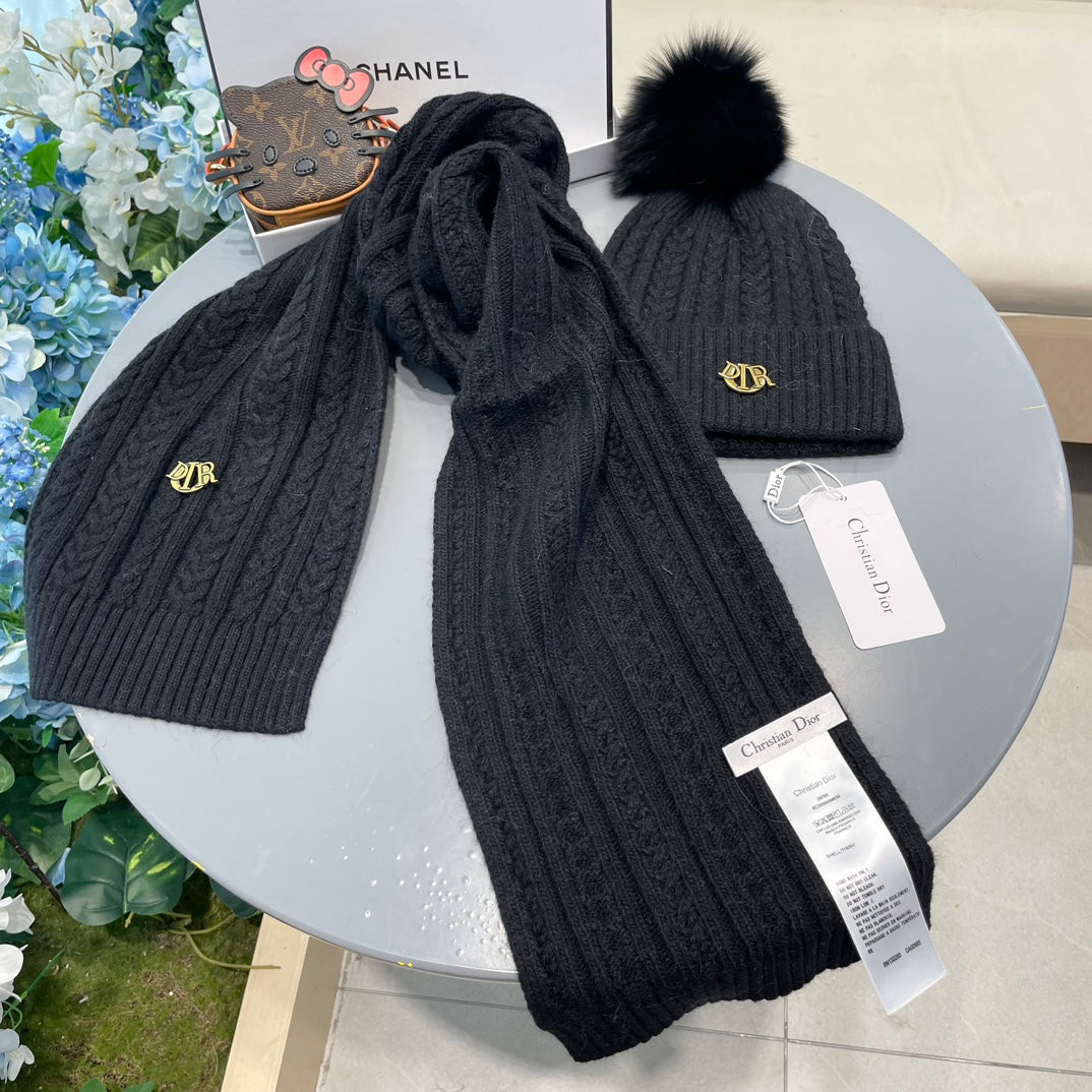 SET CLASSIC SCARF AND HAT IN BLACK CASHMERE AND RABBIT WOOL 433232