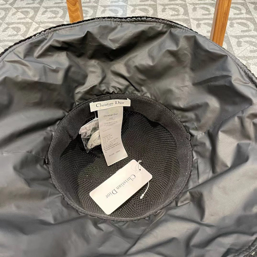 BLACK STRAW BUCKET HAT WITH BOW FABRIC BORDER 439646