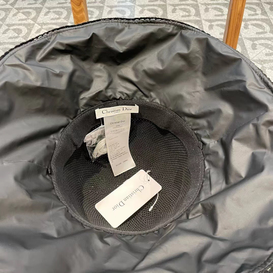 BLACK STRAW BUCKET HAT WITH BOW FABRIC BORDER 439646