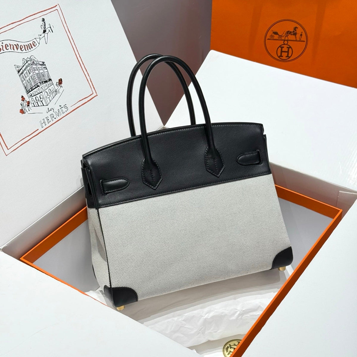 QUADRILLE BIRKIN 30CM IN BLACK SWIFT CALFSKIN WHITE TOILE CANVAS