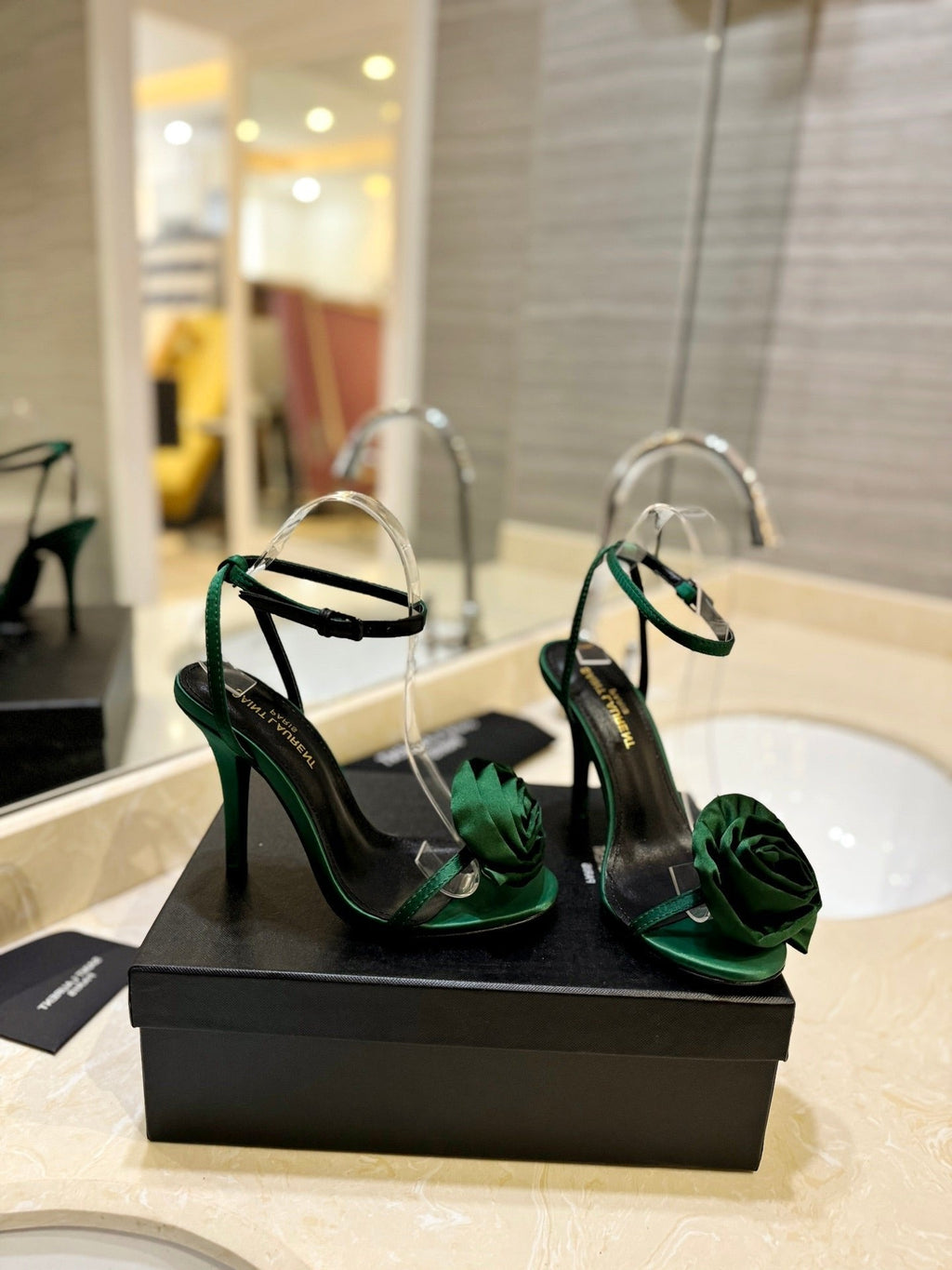 SL IVY FLORAL HEEL SANDALS DARK GREEN SATIN
