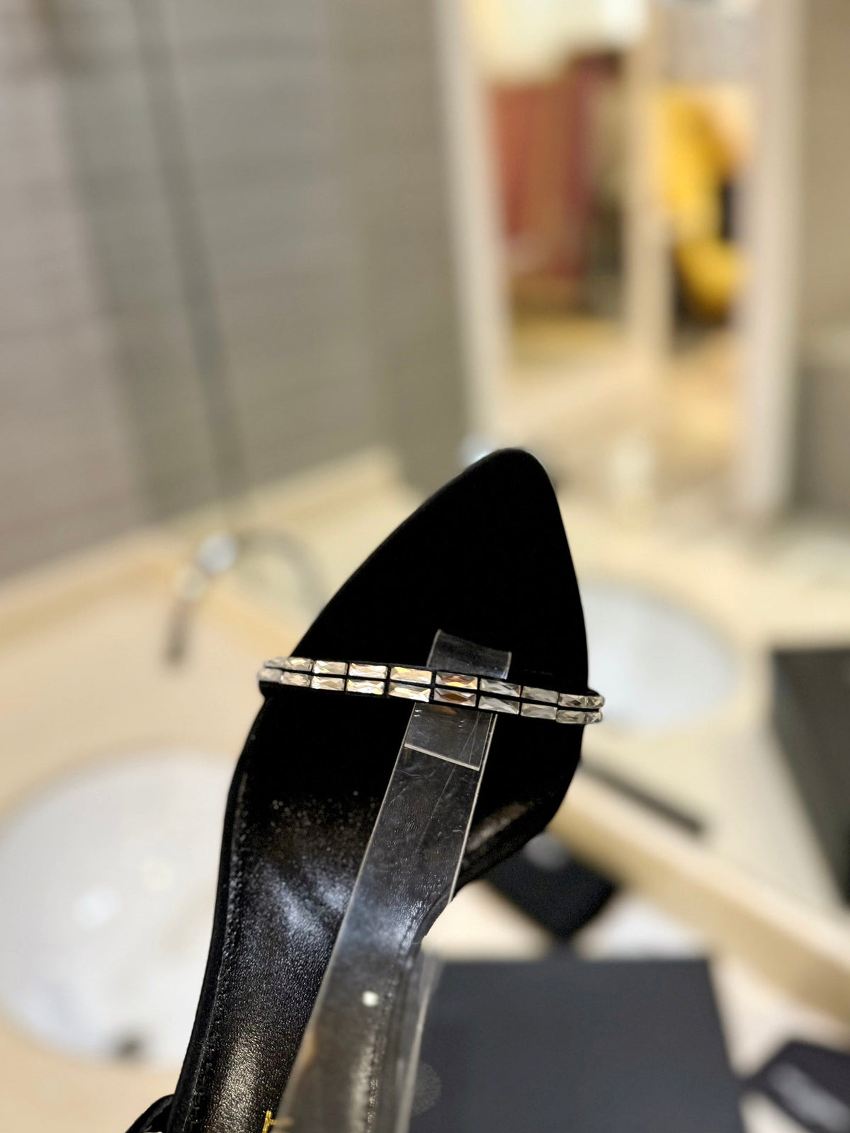SL RHINESTONE HEELED SANDALS BLACK SATIN