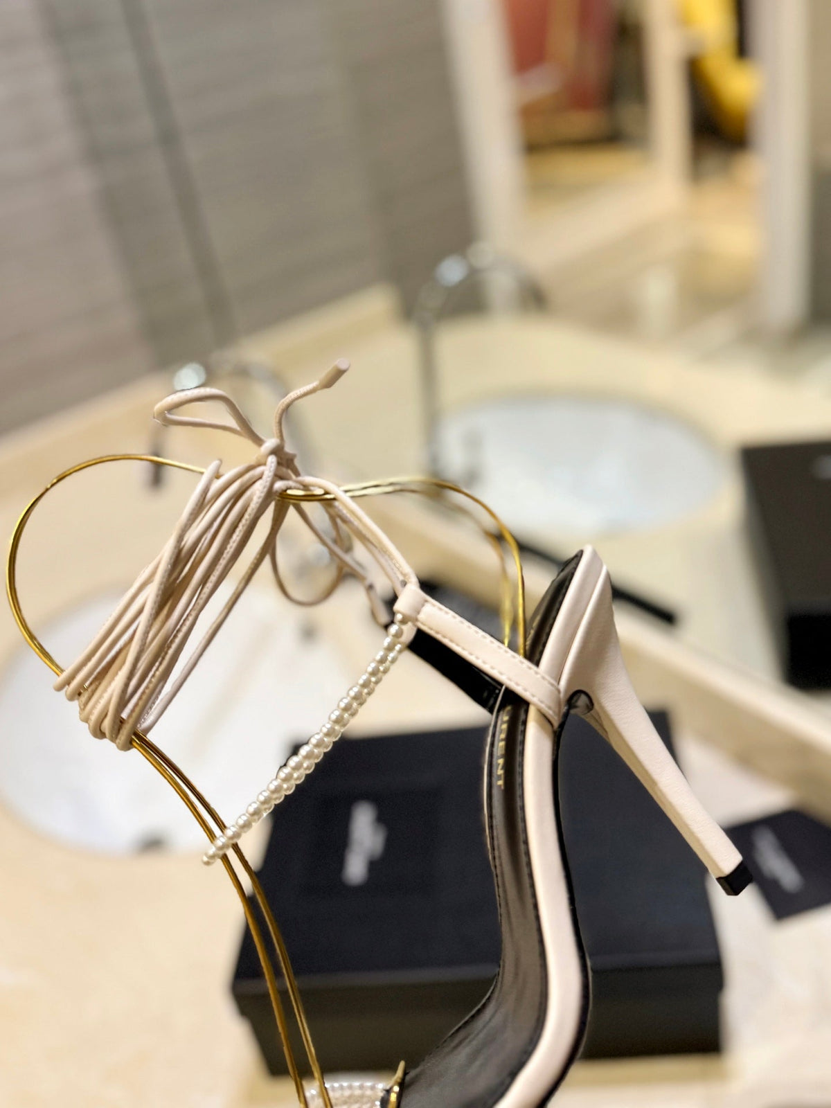 SL PEARL HIGH HEEL SANDALS CREAM CALFSKIN