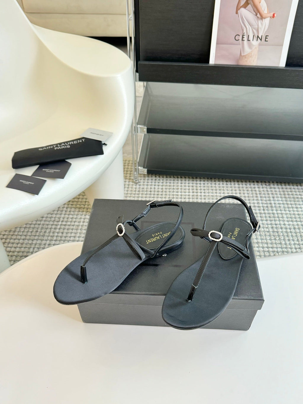 SL Silk Bow T-Strap Flat Sandals Black Leather
