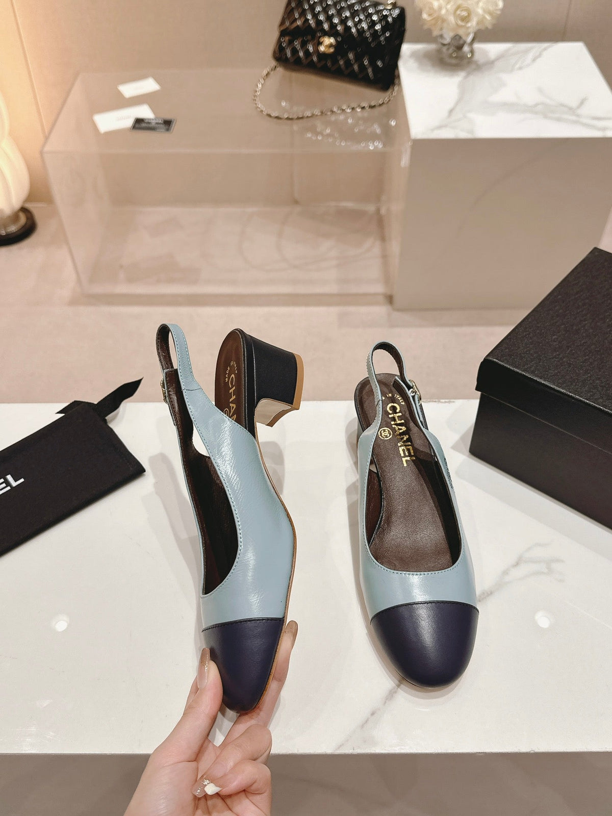 SLINGBACKS LIGHT BLUE MIX BLACK SHEEPSKIN
