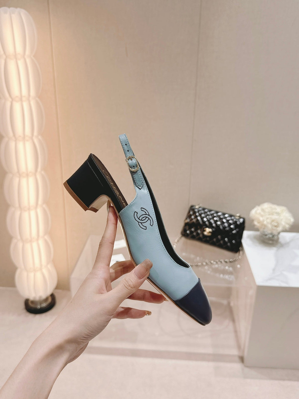 SLINGBACKS LIGHT BLUE MIX BLACK SHEEPSKIN