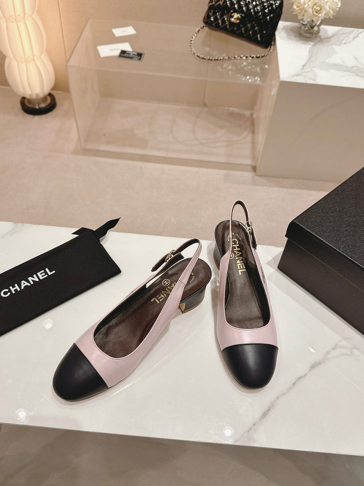 SLINGBACKS LIGHT PINK MIX BLACK SHEEPSKIN