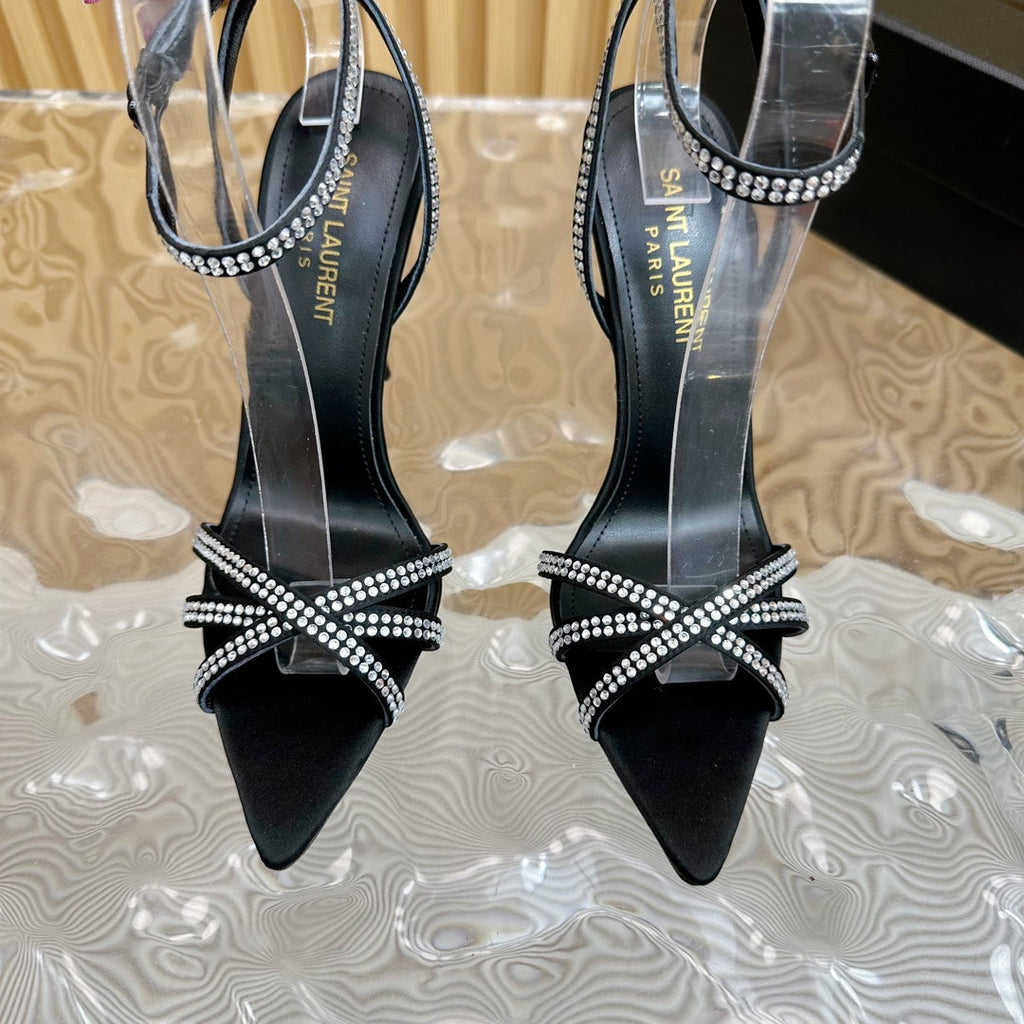 SL ONE-STRAP RHINESTONE BLACK SATIN