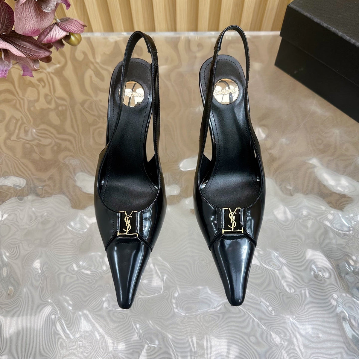 BABYLONE SLINGBACK PUMPS IN BLACK GLOSSY CALFSKIN