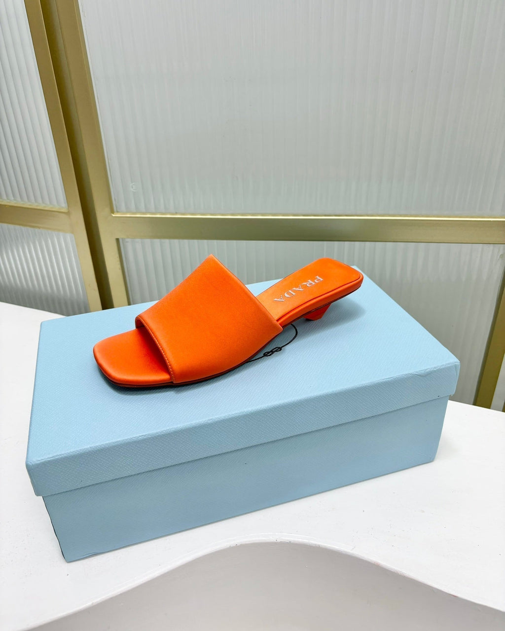 PRA TRIANGLE HEEL SATIN SLIPPERS BRIGHT ORANGE