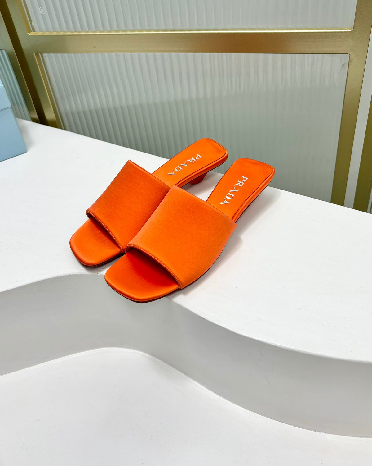 PRA TRIANGLE HEEL SATIN SLIPPERS BRIGHT ORANGE