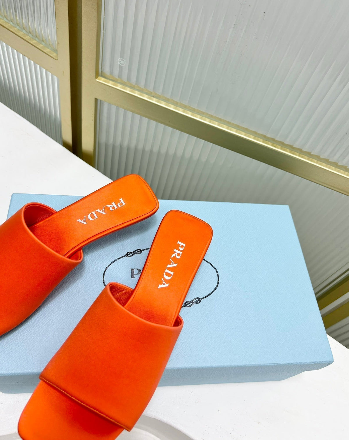 PRA TRIANGLE HEEL SATIN SLIPPERS BRIGHT ORANGE