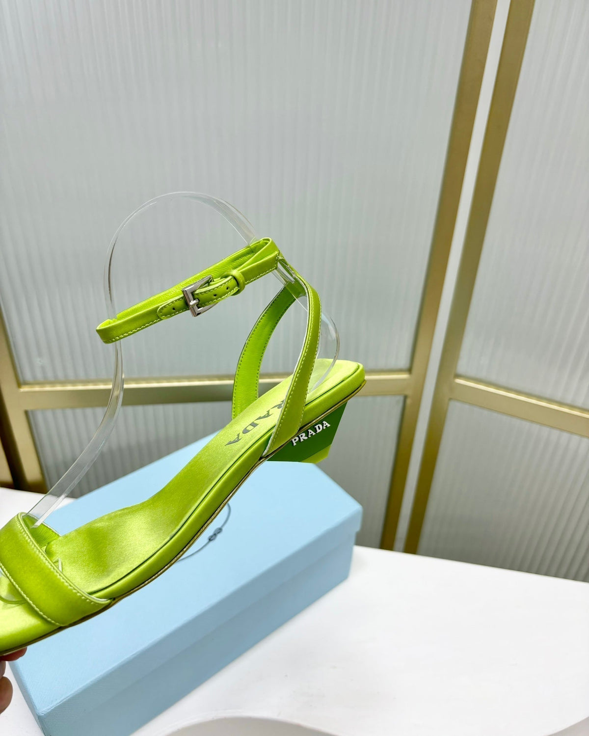 PRA TRIANGLE HEEL SATIN SANDALS CHARTREUSE