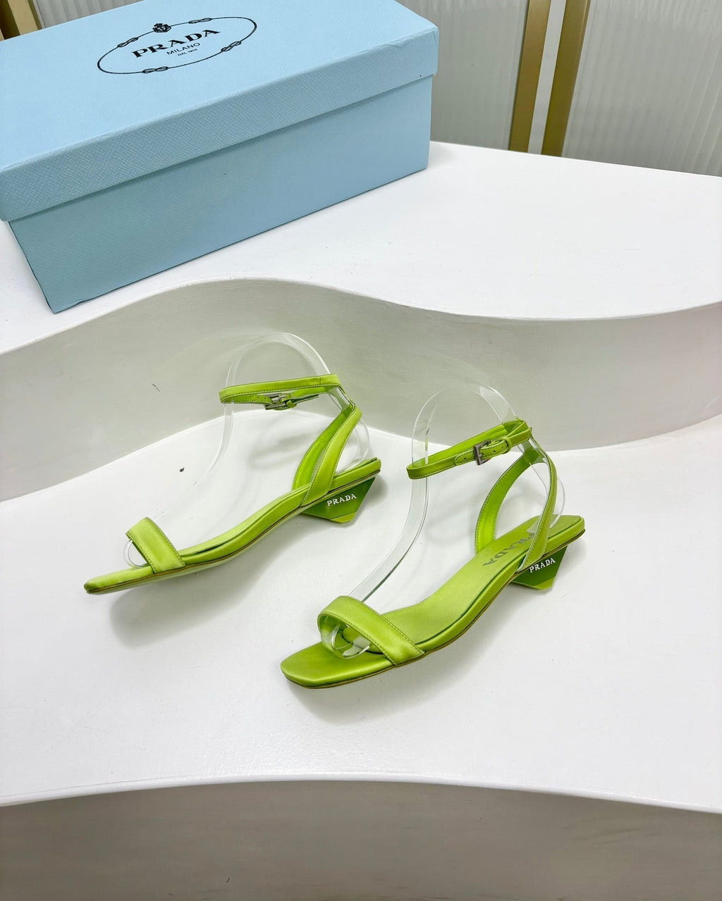 PRA TRIANGLE HEEL SATIN SANDALS CHARTREUSE