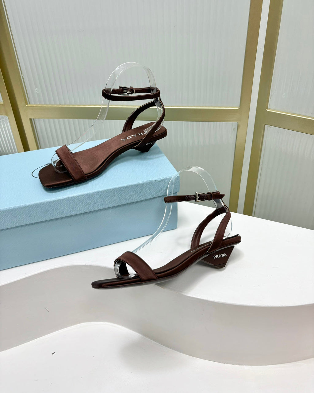 PRA TRIANGLE HEEL SATIN SANDALS BROWN