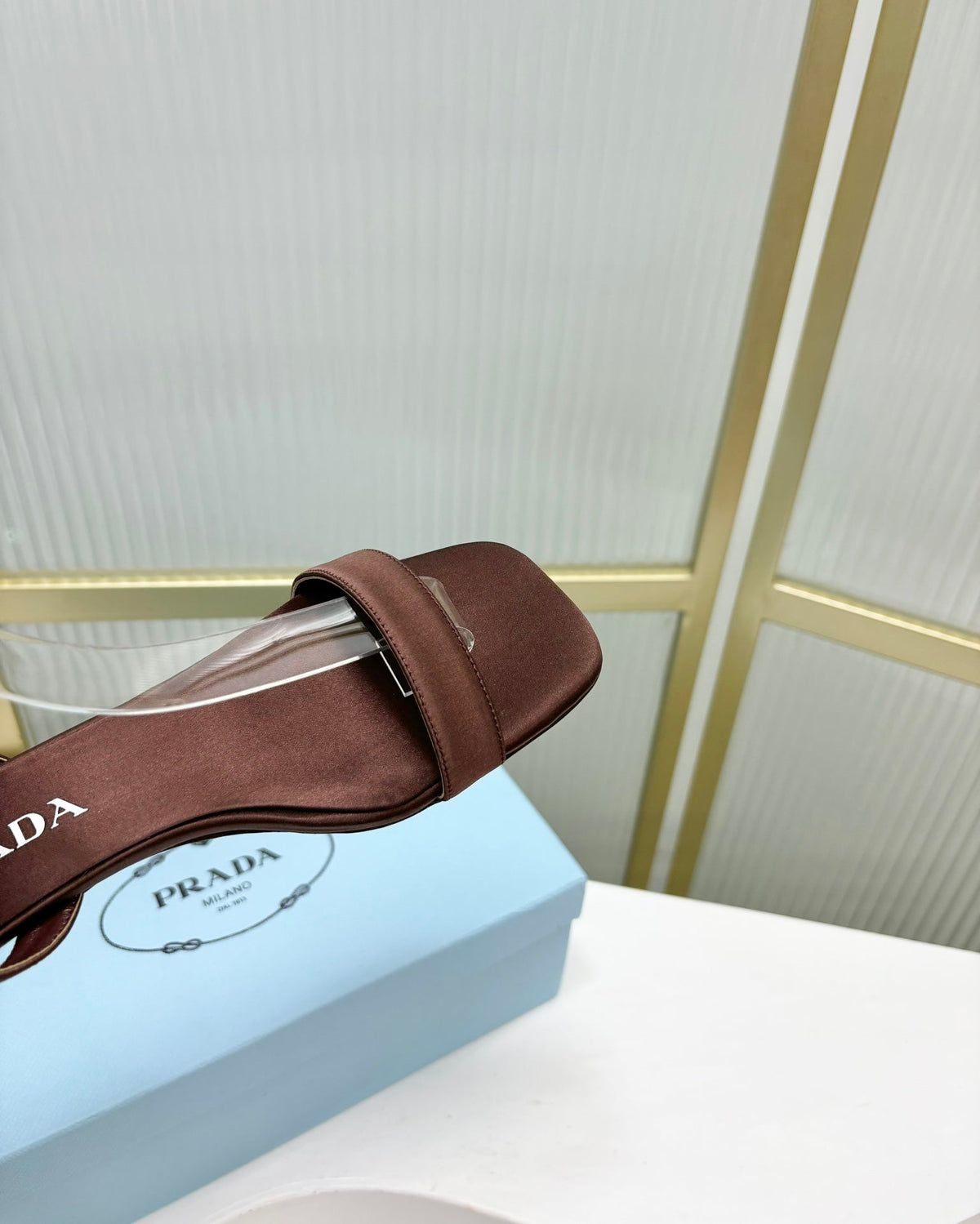 PRA TRIANGLE HEEL SATIN SANDALS BROWN
