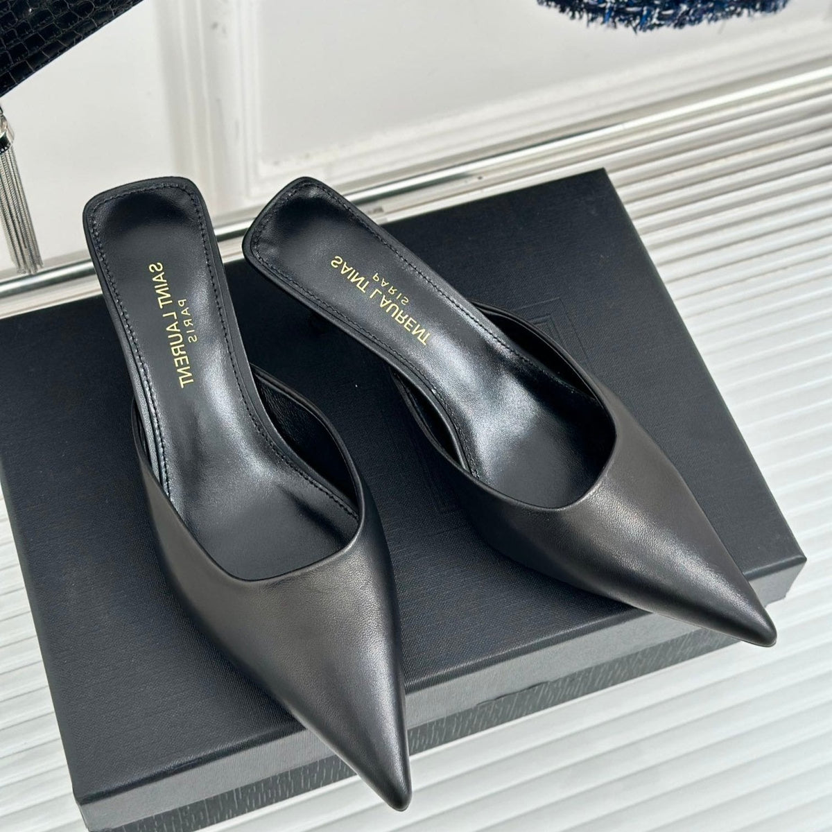 SL BARBARA MULES 55 BLACK CALFSKIN