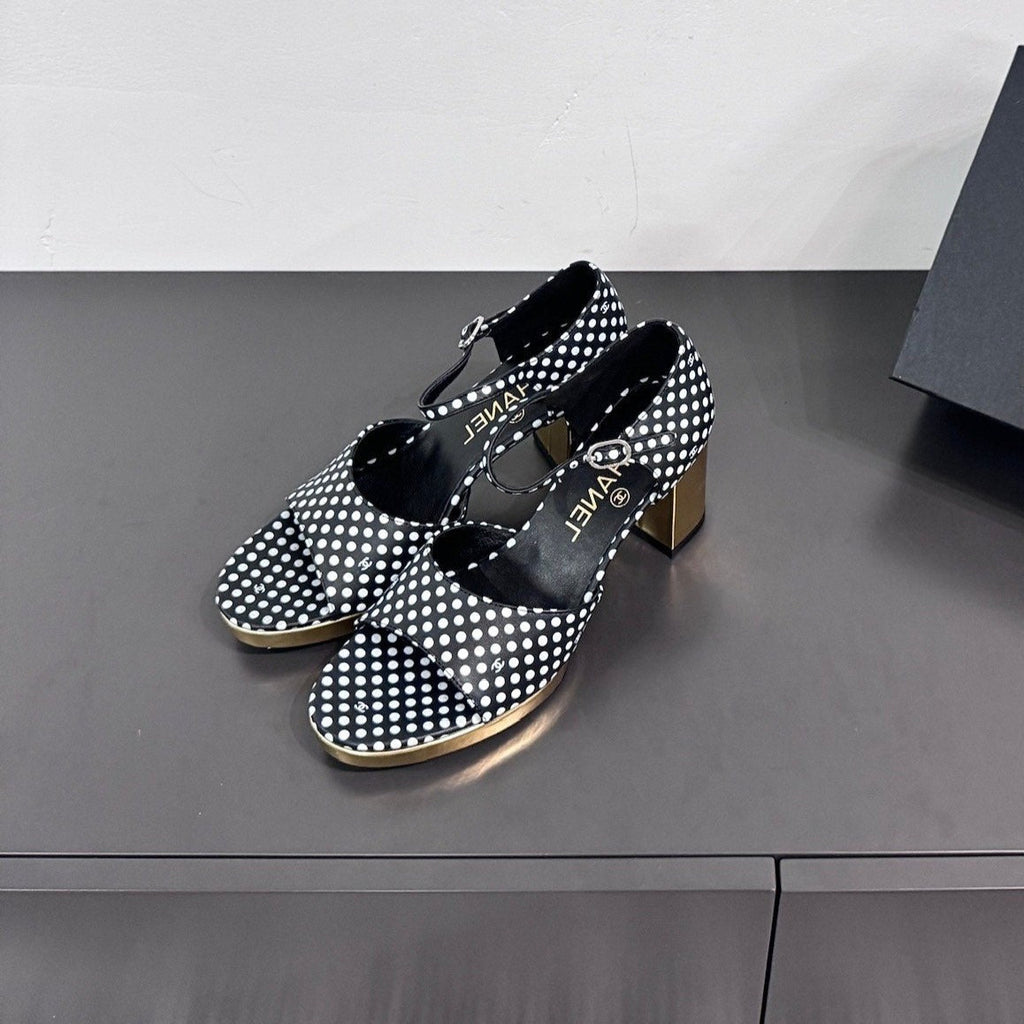 BLOCK HEEL SANDALS BLACK POLKA DOT SHEEPSKIN