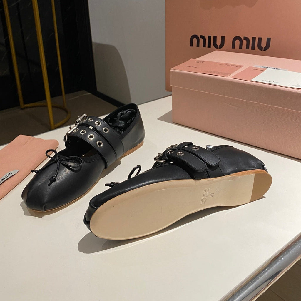 BALLET FLAT SHOES BLACK LAMBSKIN WITH UNIQUE BLACK STRAPS